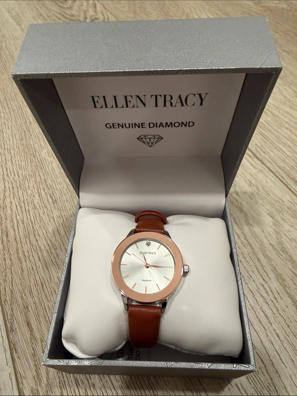 Ellen Tracy Rose Gold-Tone Case with Brown Leather Strap Watch
